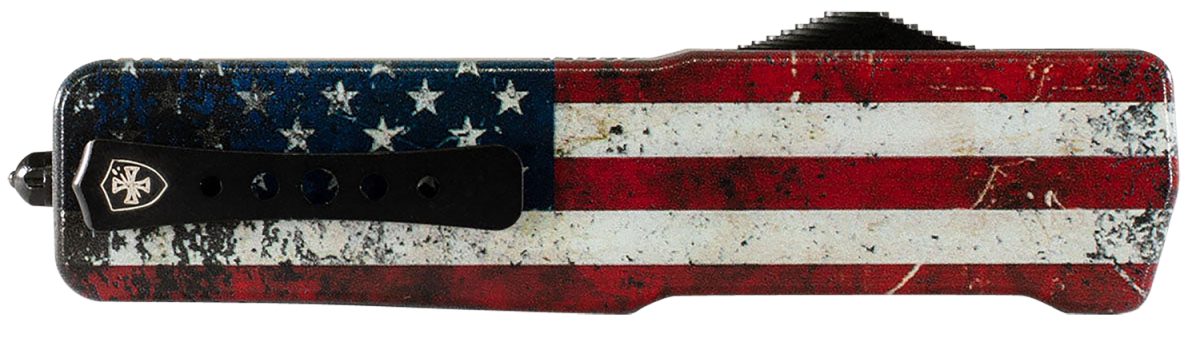 Templar Knife Maus321 Premium Lw Us Flag Slim 3.25&Quot; Otf Drop Point Plain Black Oxide Stonewashed D2 Steel Blade, 5&Quot; Us Flag Aluminum Handle