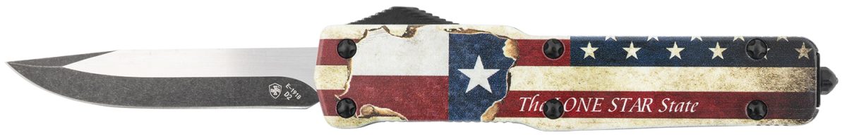 Templar Knife Mztx321 Premium Weighted Texan Slim 3.16&Quot; Otf Drop Point Plain Black Oxide Stonewashed D2 Steel Blade, 4.93&Quot; Red/White/Blue W/&Quot;The Lone Star State&Quot; Aluminum Zinc Alloy Handle