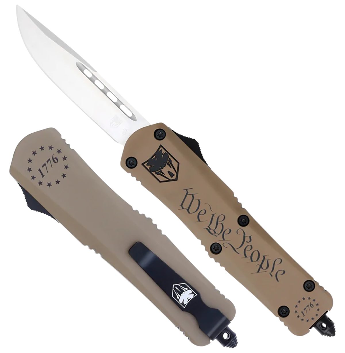 Cobratec Knives Swtpfs3Dns Fs-3 We The People Small 2.75&Quot; Otf Drop Point Plain Aluminum Cerakoted D2 Steel Blade, Tan &Quot;We The People&Quot; Aluminum Handle