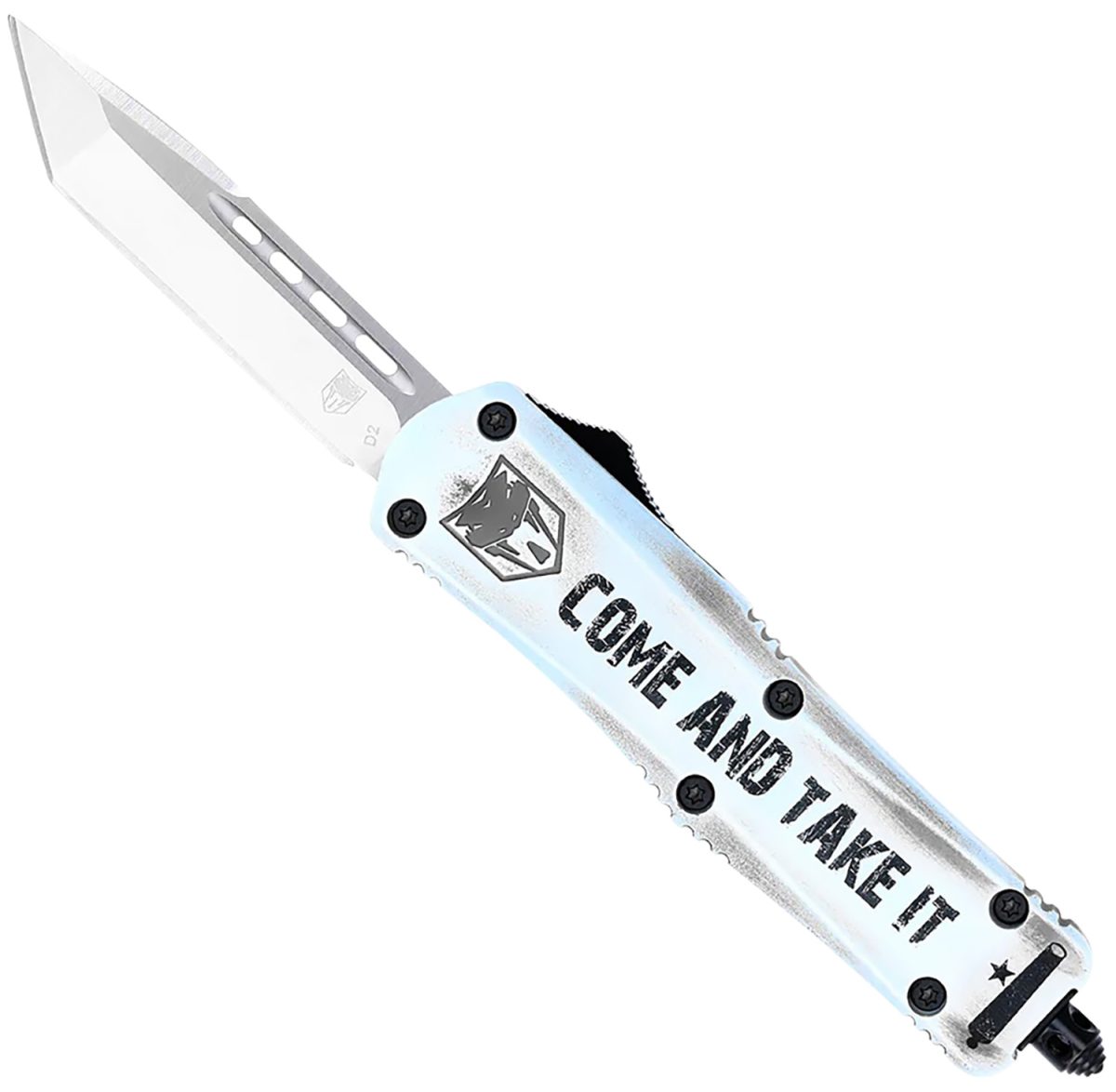 Cobratec Knives Scatifs3Tns Fs-3 Come And Take It Small 3&Quot; Otf Tanto Plain Satin D2 Steel Blade, 4.50&Quot; White &Quot;Come And Take It&Quot; Aluminum Cerakoted Handle