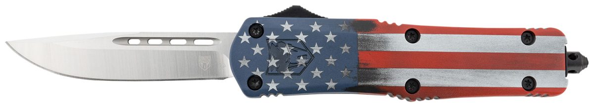Cobratec Knives Mcusafs3Dns Fs-3 American Flag Medium 3&Quot; Otf Drop Point Plain Satin D2 Steel Blade, 5&Quot; Us Flag Aluminum Cerakoted Handle