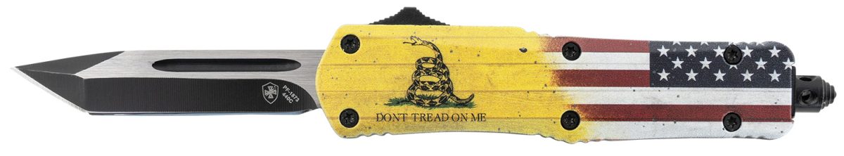 Templar Knife S-Dtom-23-1 Gen Ii Don'T Tread On Me Small 2.69&Quot; Otf Plain Black Oxide 440C Ss Blade, 4.25&Quot; Yellow W/Flag &Amp; &Quot;Don'T Tread On Me&Quot; Aluminum Handle, Glass Breaker