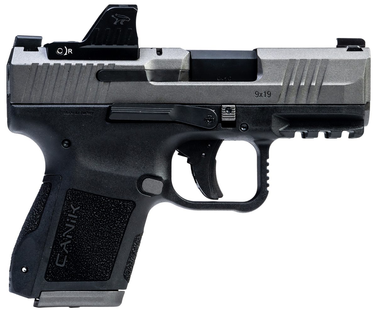 Canik  Mete Mc9 Sports South Exclusive 9Mm Luger 15+1/12+1 3.18&Quot; Black Tenifer Cerakote Optic Ready/Serrated Steel Slide, Tungsten Cerakote Polymer Frame W/Picatinny Rail, Mecanik M01 Red Dot