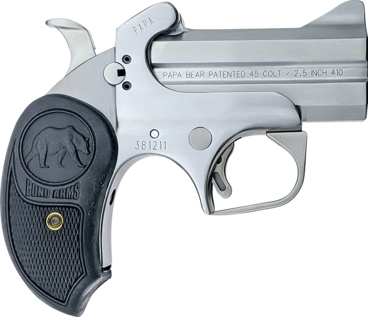 Bond Arms Bapb Papa Bear  45 Colt (Lc)/410 Gauge 2Rd 3&Quot; Stainless Steel Double Barrel &Amp; Frame, Auto Extractors &Amp; Rebounding Hammer, Blade Front/Fixed Rear Sights, Extended Rubber Grip, Manual Safety