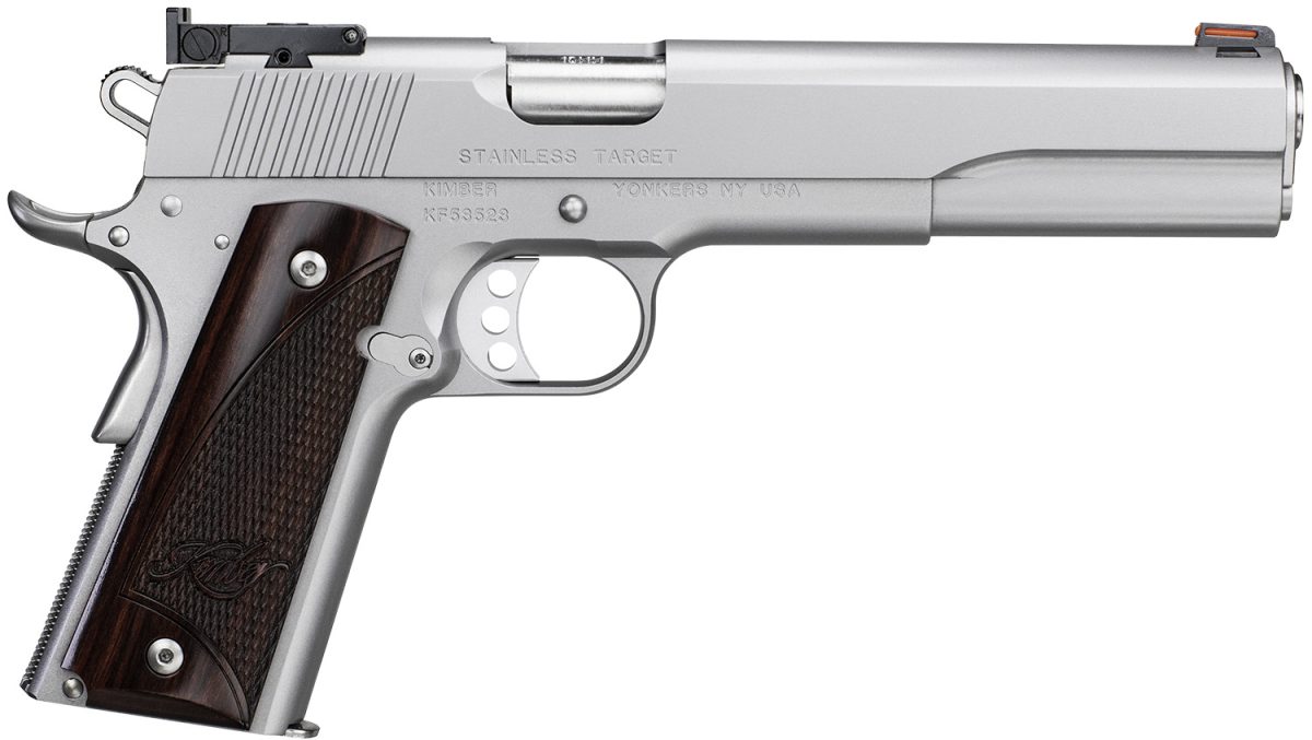 Kimber Mfg, Inc 3000373 Target Long Slide 45 Acp 7+1 6&Quot; Stainless Match Grade Barrel, Satin Silver Long/Serrated Stainless Steel Slide, Satin Silver Stainless Steel Frame W/Beavertail, Rosewood Grip