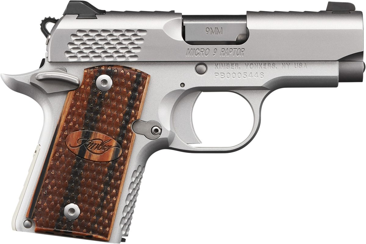 Kimber Mfg.,Inc 3300109 Micro 9 Stainless Raptor 9Mm 6+1 3.15&Quot; Stainless Steel Slide Kimpro Silver Zebrawood With Scale Pattern And Kimber Logo Grip