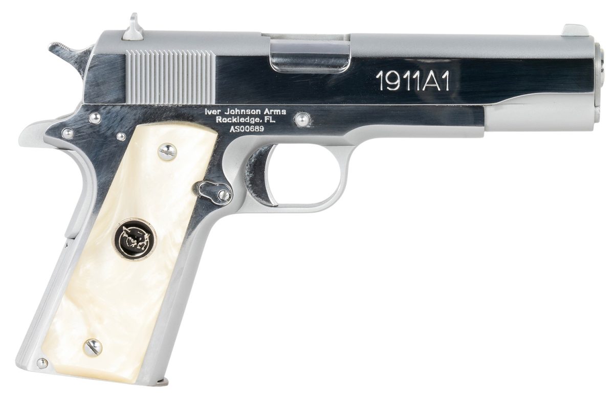 Iver Johnson Arms 1911A138Chrwp   38 Super 8+1 5&Quot; Stainless Steel Barrel, Bright Polish Chrome Serrated Stainless Steel Slide, Pearl Grips