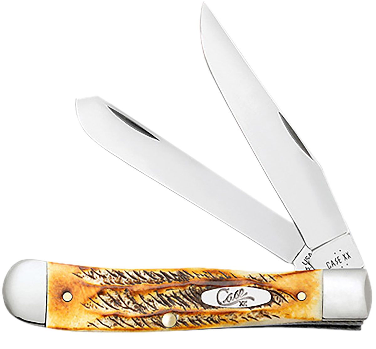 Case 65345 Trapper  3.25&Quot; Folding Clip Point/Spey Plain Mirror Polished Tru-Sharp Ss Blades, Burnt Dark Amber 6.5 Bonestag Handle, Includes Pocket Clip
