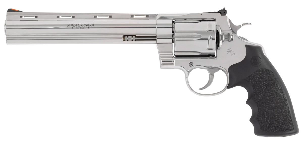 Colt Mfg Anacondasp8Rts45C Anaconda  45 Colt (Long Colt) 6Rd Shot 8&Quot; Stainless Vent Rib Barrel, Cylinder &Amp; Frame, Black Grip