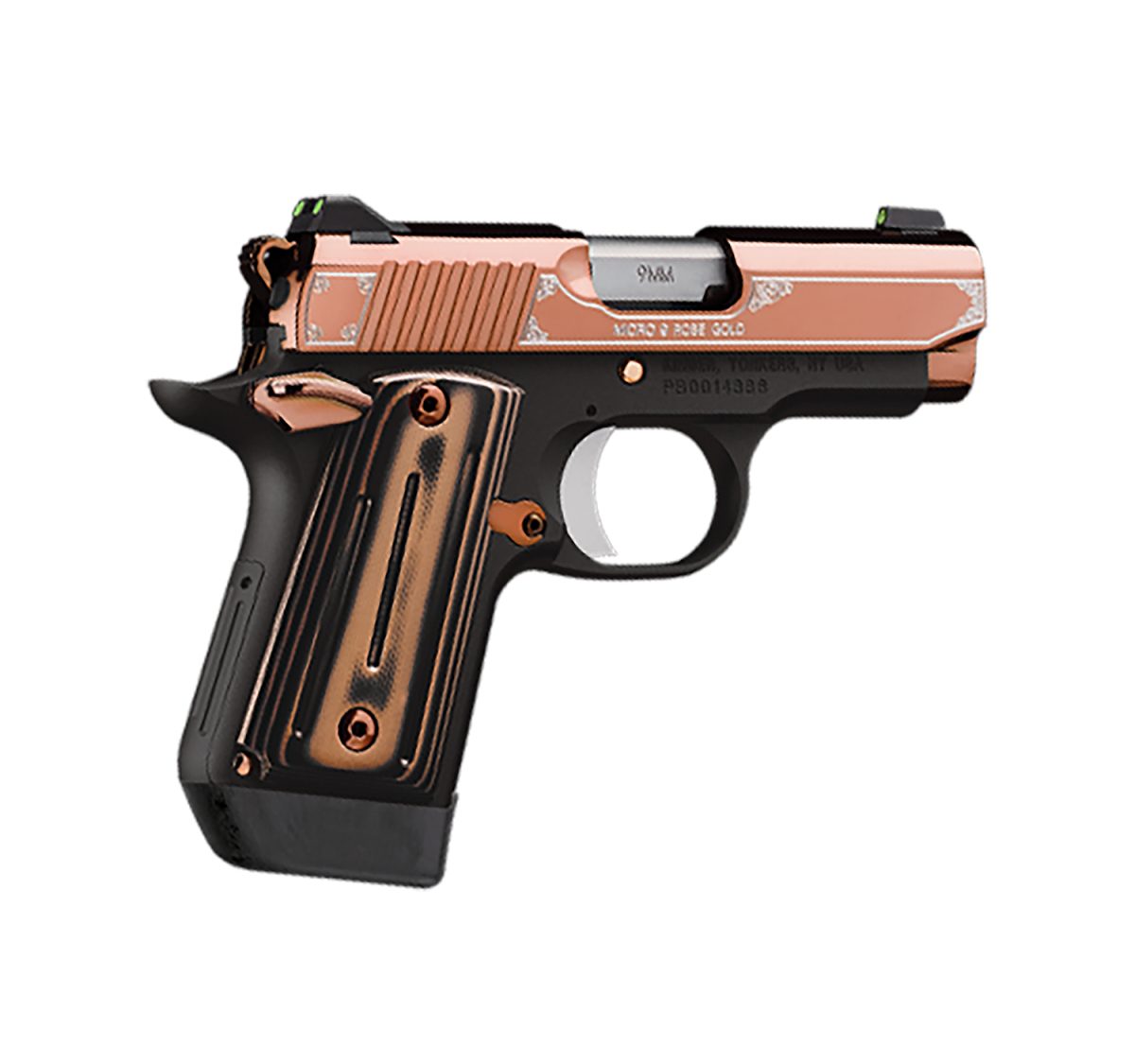 Kimber Mfg, Inc 3300174 Micro 9  9Mm Luger 7+1 3.15&Quot; Stainless Ramped Steel Barrel, Rose Gold Pvd Stainless Steel Serrated Slide, Matte Black Aluminum Frame, Black/Rose Gold G10 Grip
