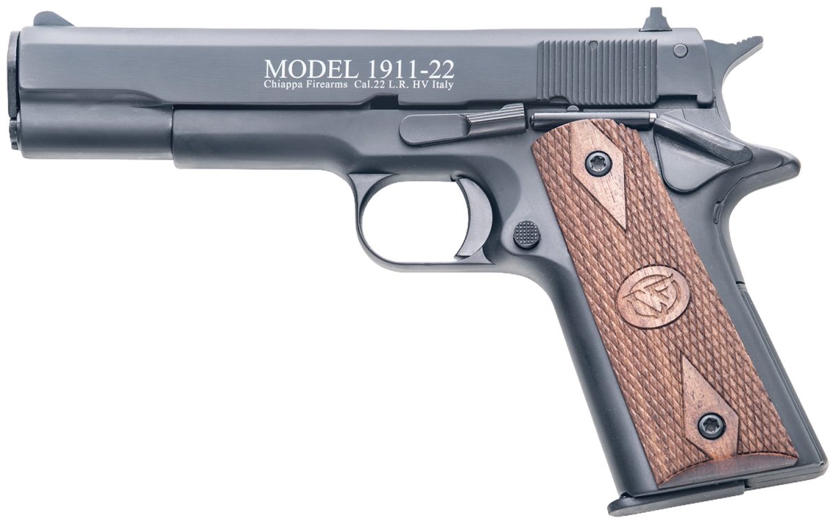 Chiappa Firearms 401038 1911-22  22 Lr 10+1, 5&Quot; Black Steel Barrel, Blued Serrated Slide, Blued Aluminum Frame W/Beavertail, Stippled Walnut Grip, Manual Thumb Safety, Right Hand