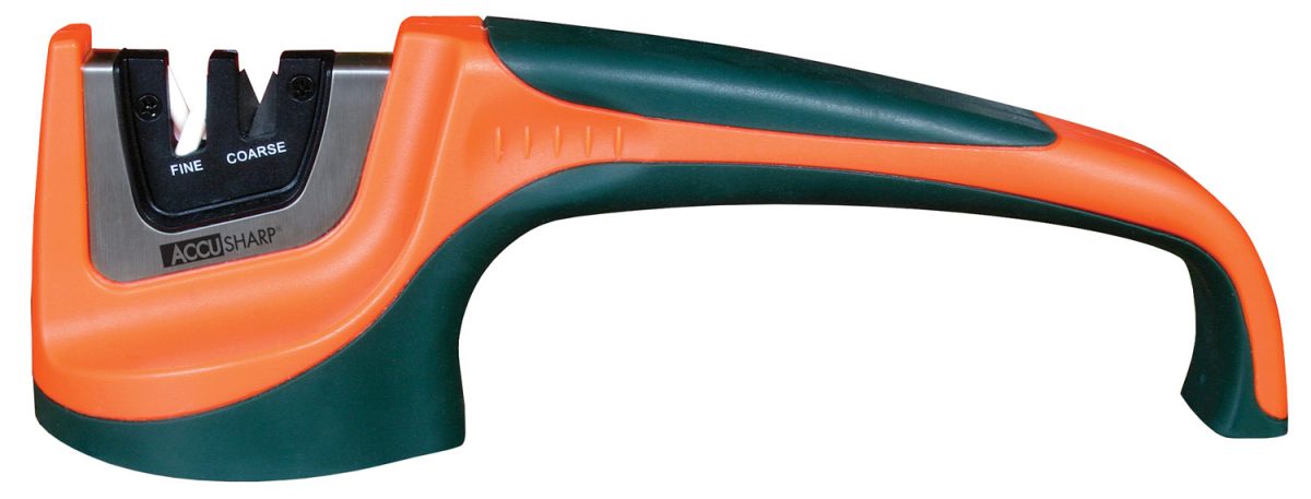 Accusharp 039C Pull-Through Sharpener Hand Held Fine, Coarse Tungsten Carbide And Ceramic Sharpener Rubber Handle Black/Orange