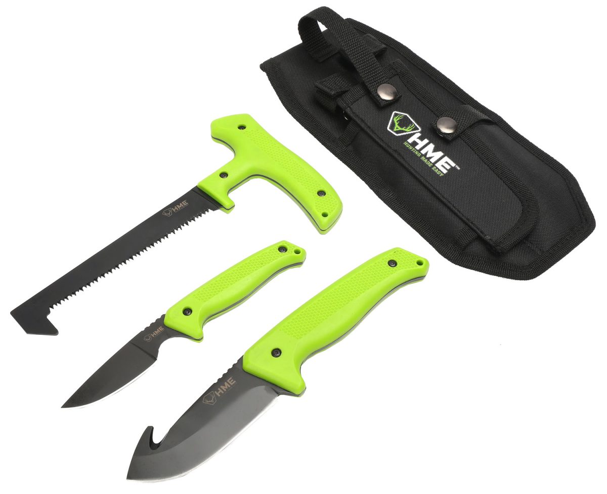 Hme Kn3Pfk 3-Piece Field Kit Fixed 420Hc Stainless Steel Black Oxide Thermoplastic Rubber Green 9.50&Quot; Gut Hook/8.75&Quot; Saw/7.50&Quot; Caper