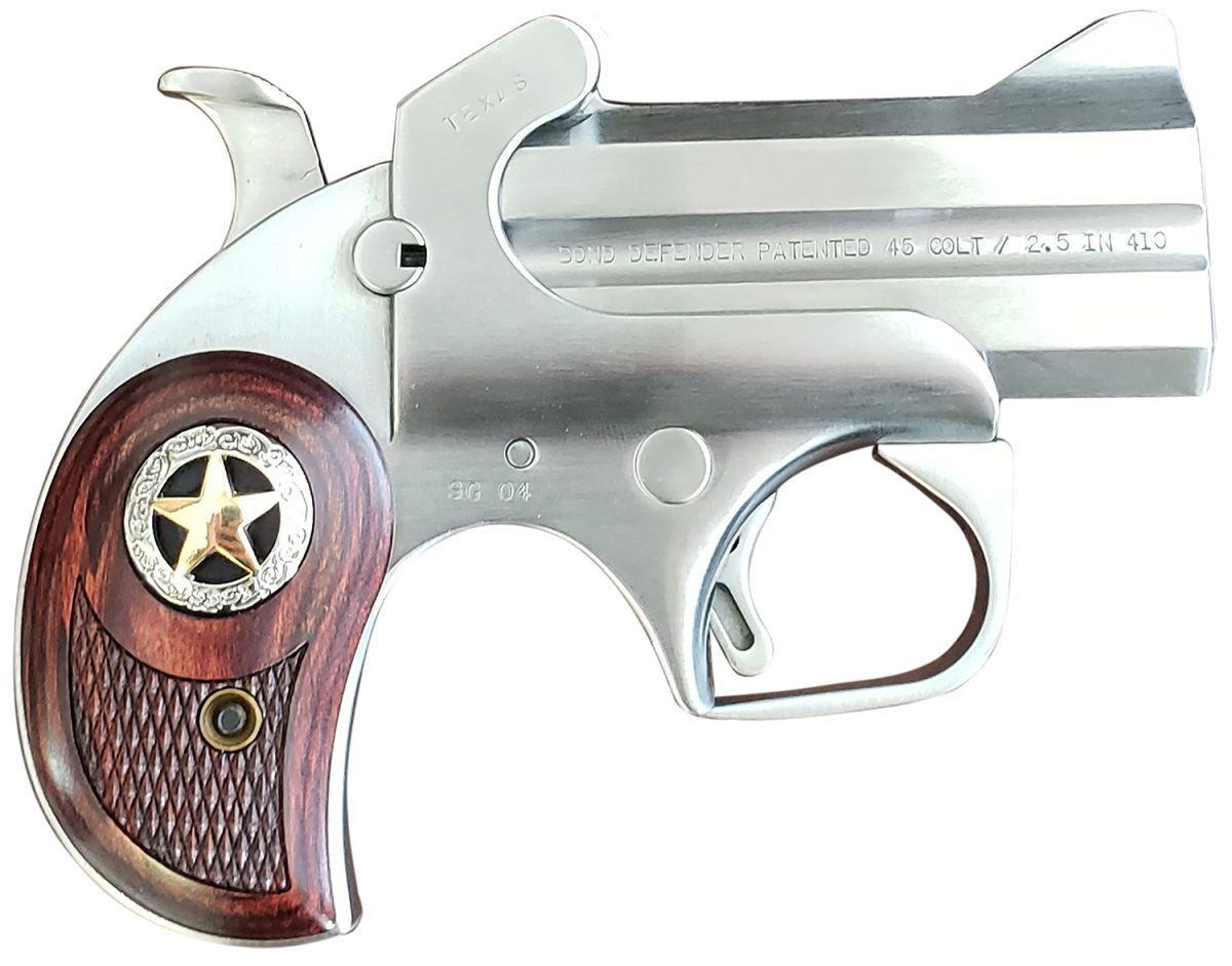 Bond Arms Bard Rustic Defender  45 Colt (Lc) Caliber Or 2.50&Quot; 410 Gauge 2Rd 3&Quot; Barrel, Stainless Steel Finish, Rosewood Grip W/Integrated Star, Includes Exclusive Holster Package