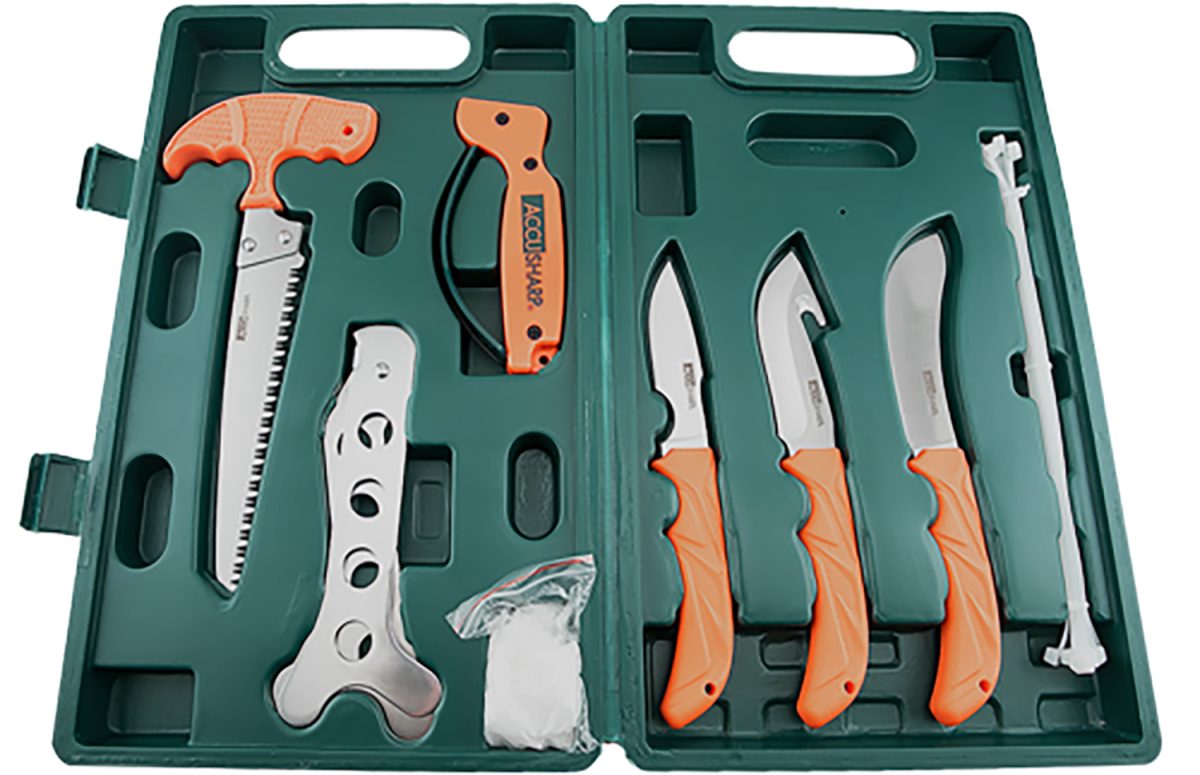 Accusharp 728C Game Processing Kit Butcher/Caper/Gut-Hook/Bone Saw/Ribcage Spreader Gut Hook/Saw/Plain Stainless Steel Blade Orange Frn Handle