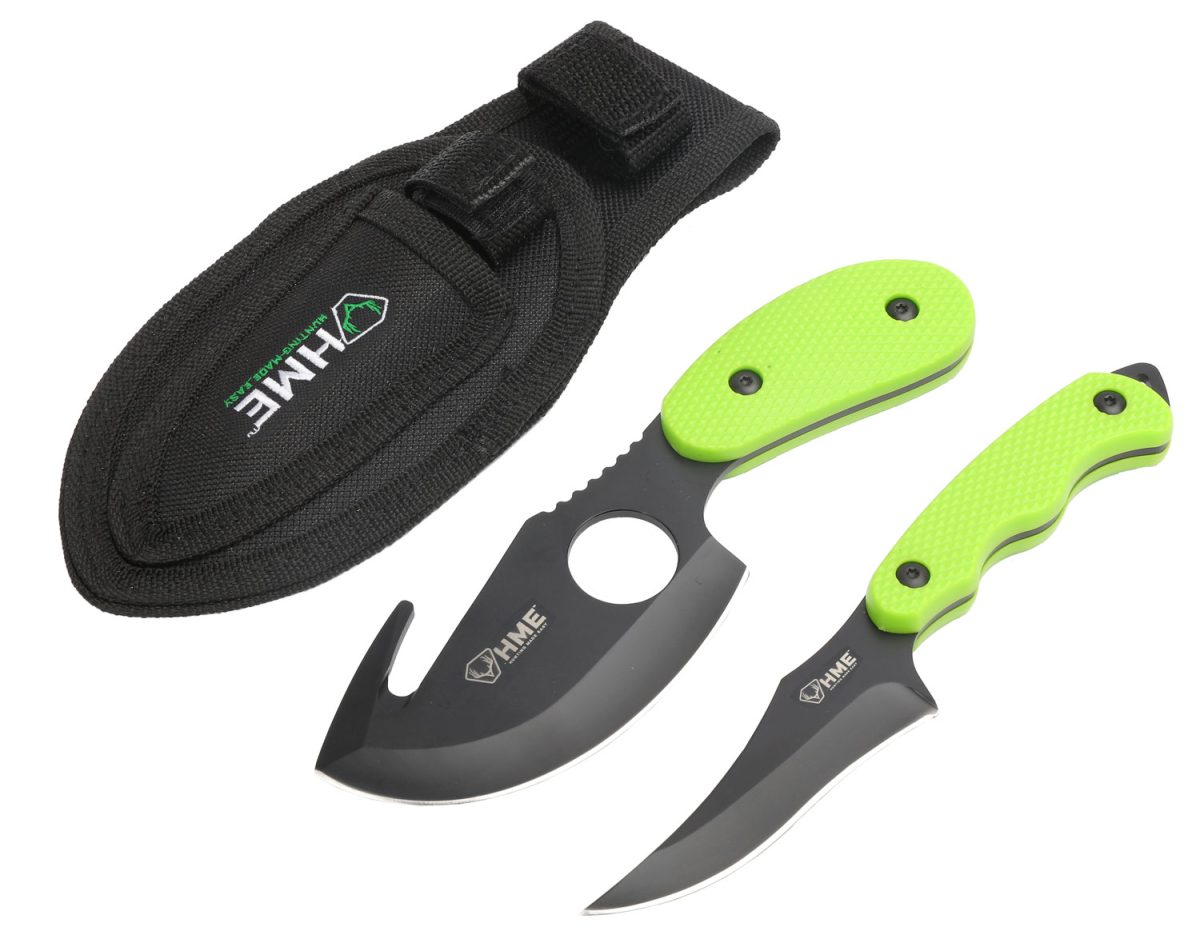 Hme Hmekn2Psgc Skinning Kit  3.50&Quot; Fixed Skinner W/Gut Hook/Caping Plain/Gut Hook Black Oxide 420Hc Blade, Tpr Green Handle