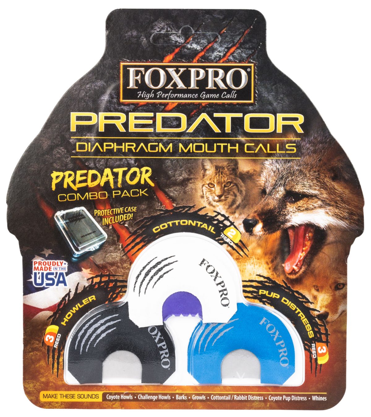 Foxpro Coycombo Predator Combo Diaphragm Call Double/Triple Reed Cottontail Sounds Attracts Predators Black/Blue/White 3 Piece