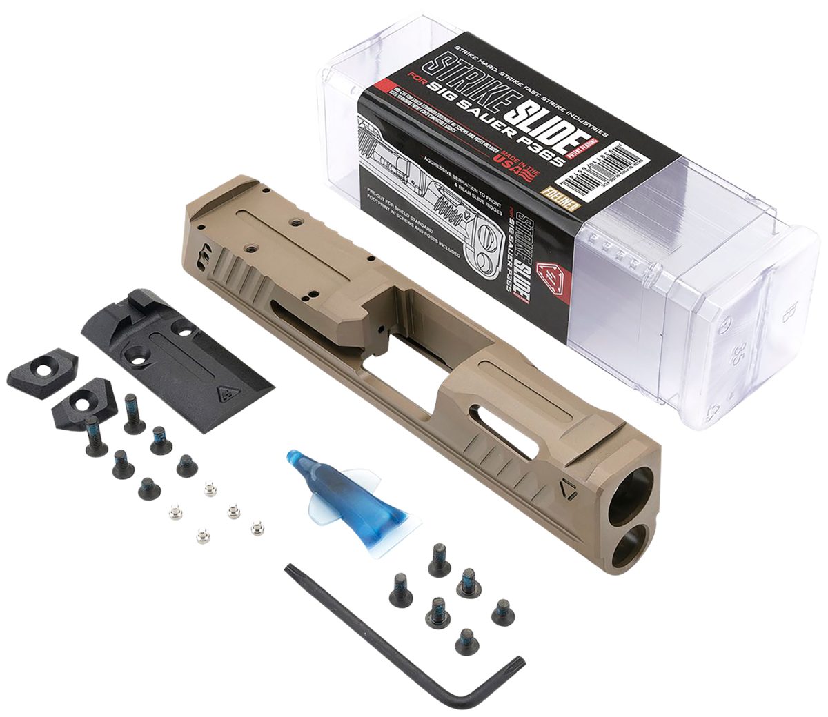 Strike Industries P365-Slide-Fde Strike Replacement Slide Flat Dark Earth Stainless Steel With Ports &Amp; Optics Cut For Sig P365 Includes Charging Handle