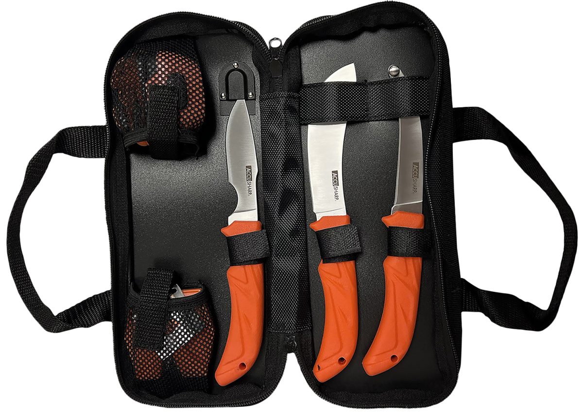 Accusharp 738C Processing Kit  Fixed Butcher/Caping/Gutting Plain Stainless Steel Blades/Blaze Orange Non-Slip Grip 6 Piece Includes Nylon Case