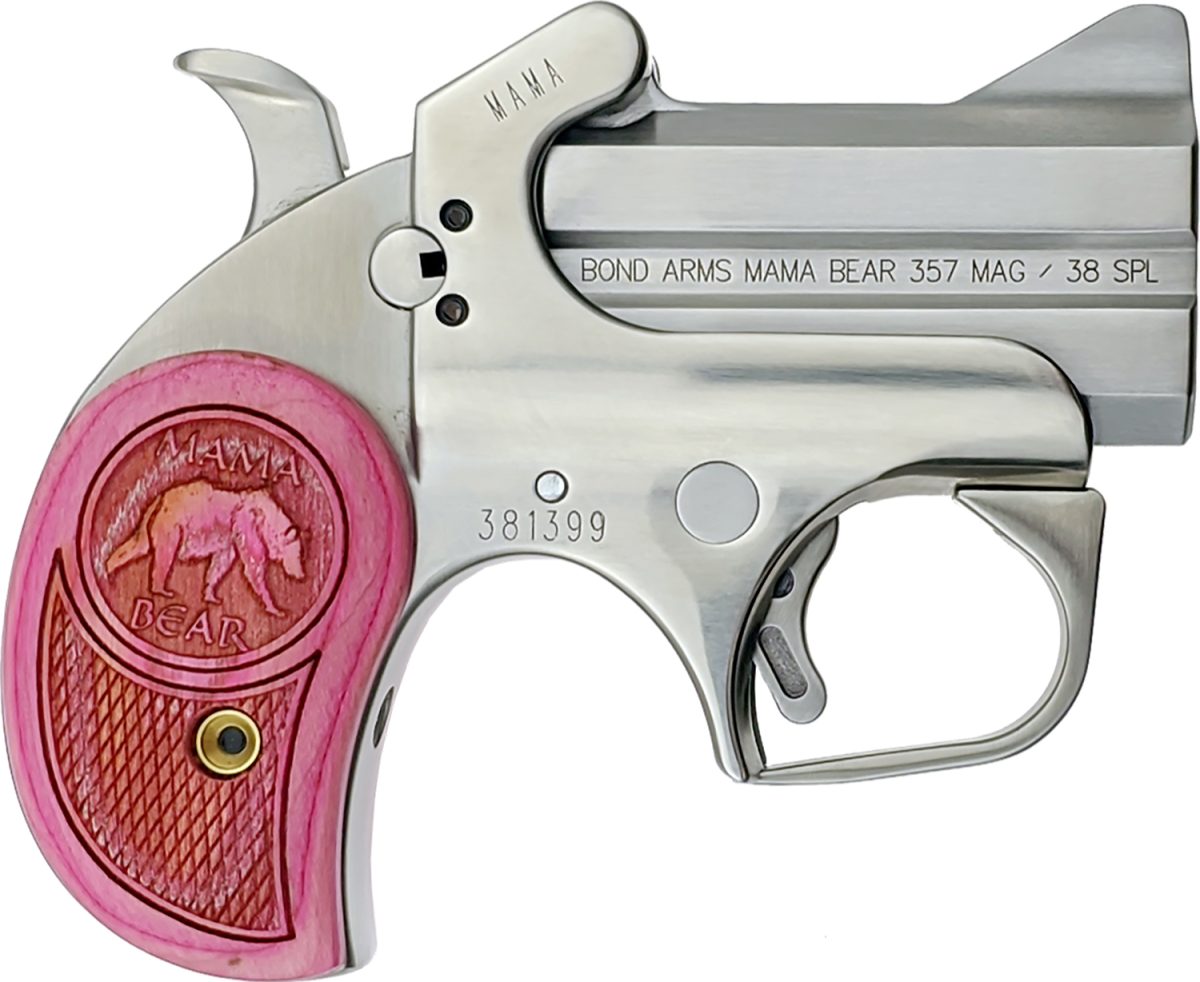 Bond Arms Bamb Mama Bear  357 Mag/38 Special 2Rd 2.50&Quot; Stainless Steel Double Barrel &Amp; Frame, Auto Extractors &Amp; Rebounding Hammer, Blade Front/Fixed Rear Sights, Pink Wood Grip, Manual Safety
