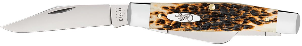 Case 00204 Stockman  Large 3.30&Quot;/2.30&Quot;/2.20&Quot; Folding Clip Point/Pen/Sheepsfoot Plain Mirror Polished Carbon Steel Blade, Peach Seed Jigged Amber Bone Handle