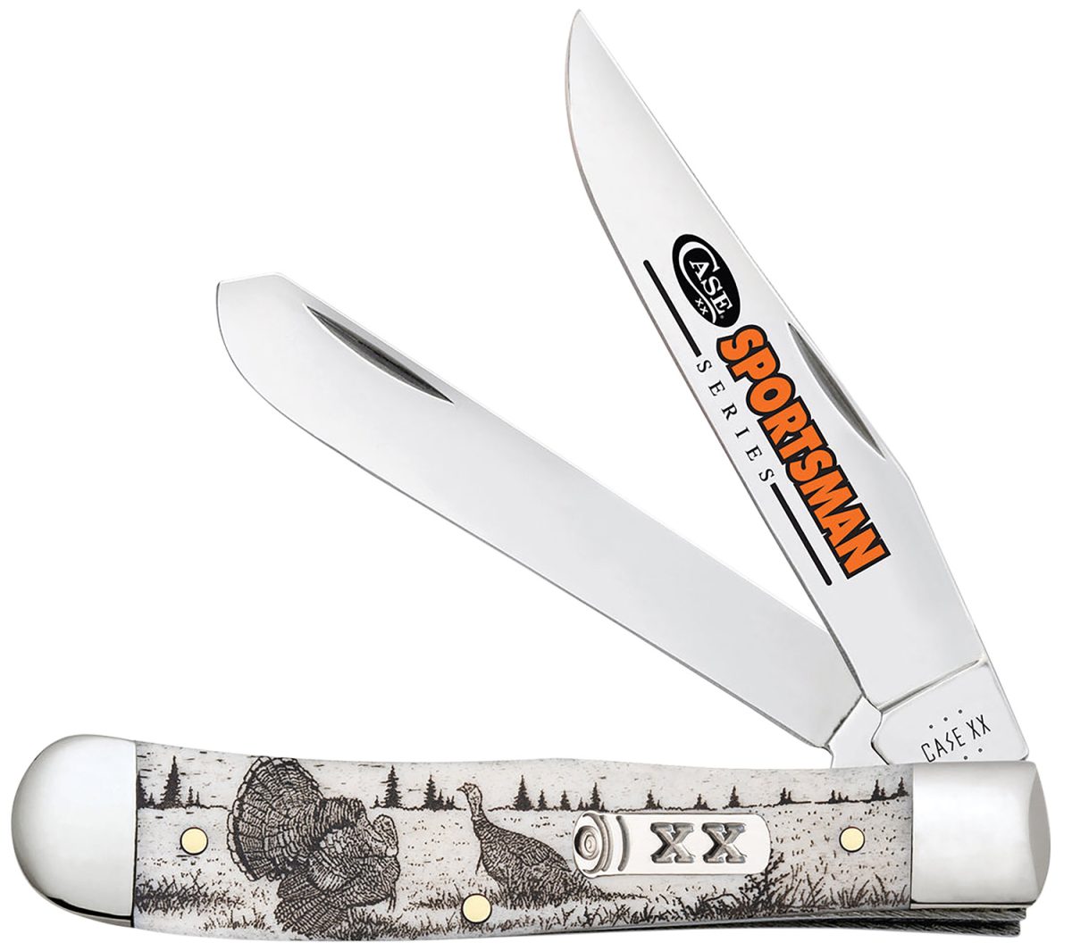Case 81221 Trapper Sportsman Folding Clip Point/Spey Plain Mirror Polished Tru-Sharp Ss Blade/Turkey Embellished Natural Bone Handle