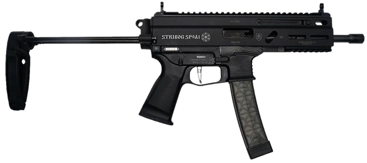 Grand Power 850003223131 Sp9A1 Stribog 9Mm Luger 30+1 8&Quot; Black Threaded Barrel, M-Lok Handguard, Black Aluminum Picatinny Rail Receiver, Black Pdw Tailhook Brace, Black Polymer Grip, Thread Protector