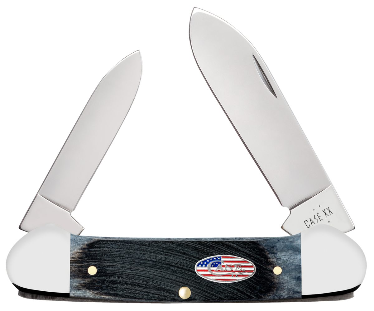 Case 53065 Canoe Stars &Amp; Stripes Folding Plain Edge 1.97 Pen/2.60&Quot; Spear Point, Mirror Polished Stainless Steel Blade, Jigged Gray Bone Handle, American Flag Shield