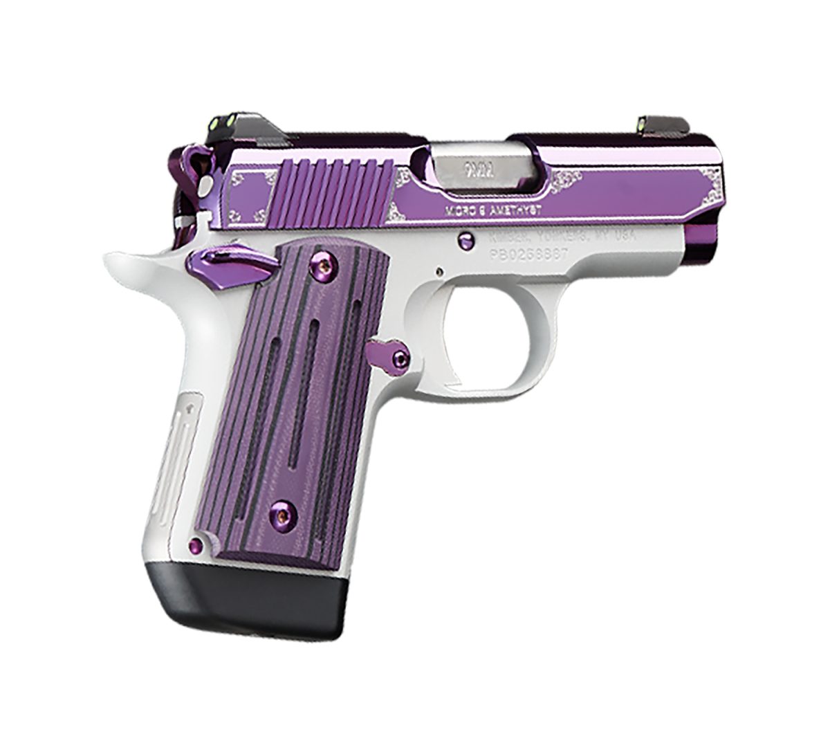Kimber Mfg, Inc 3300214 Micro 9  9Mm Luger 7+1 3.15&Quot; Stainless Ramped Steel Barrel, Purple Pvd W/Border Engraving Stainless Steel Serrated Slide, Kimpro Ii Silver Aluminum Frame, Black/Purple G10 Grip