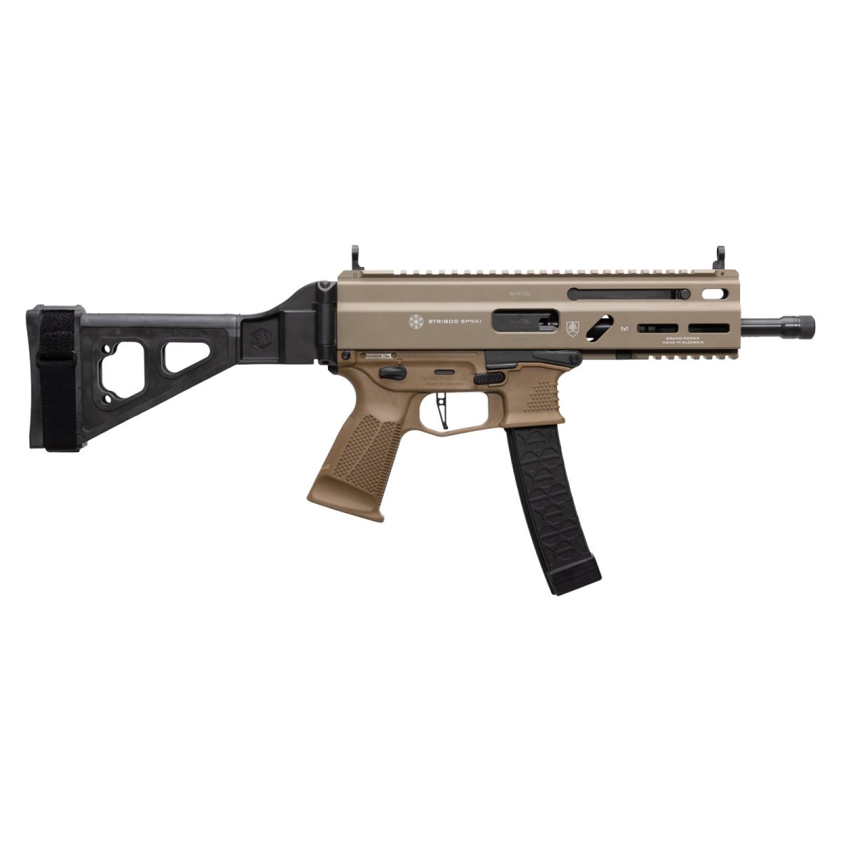 Grand Power Stribog Sp9A1 9Mm Pistol 8&Quot; Barrel Thread Stribog Pattern Mag W/ Brace Fde