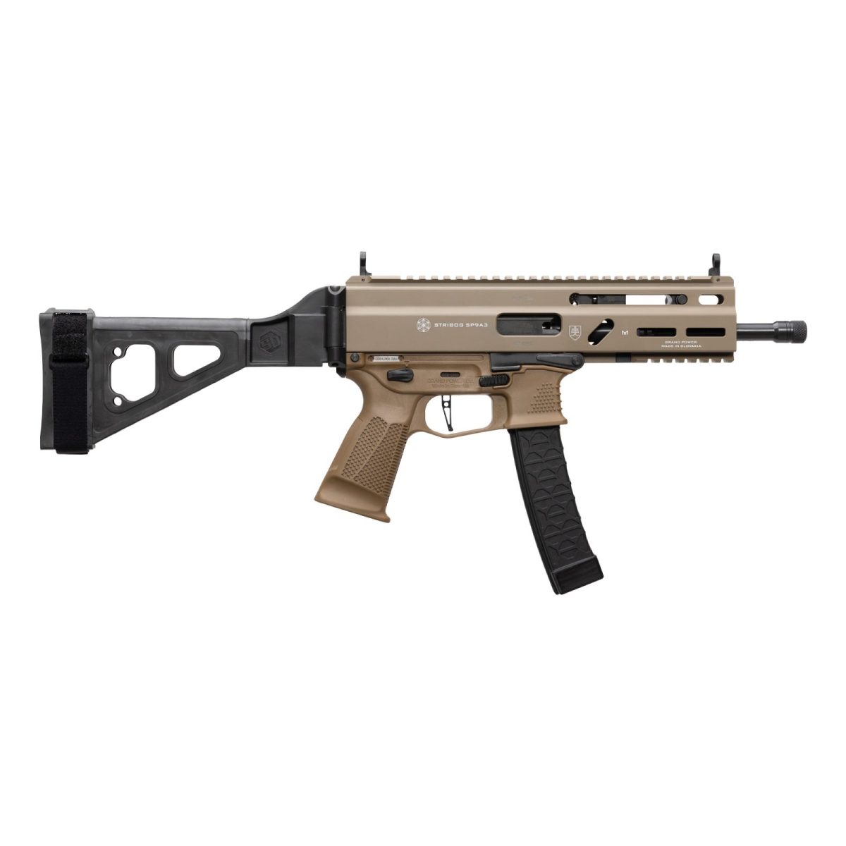 Grand Power Stribog Sp9A3 9Mm Pistol 8&Quot; Barrel Threaded Rlr Delayed Stribog Pattern Mag W/ Brace Fde