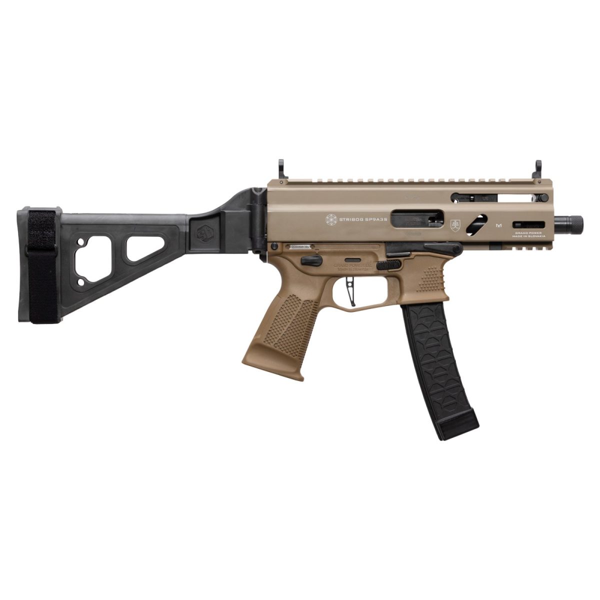 Grand Power Stribog Sp9A3S 9Mm Pistol 4&Quot; Barrel Threaded Rlr Delayed Stribog Mag W/ Brace Fde