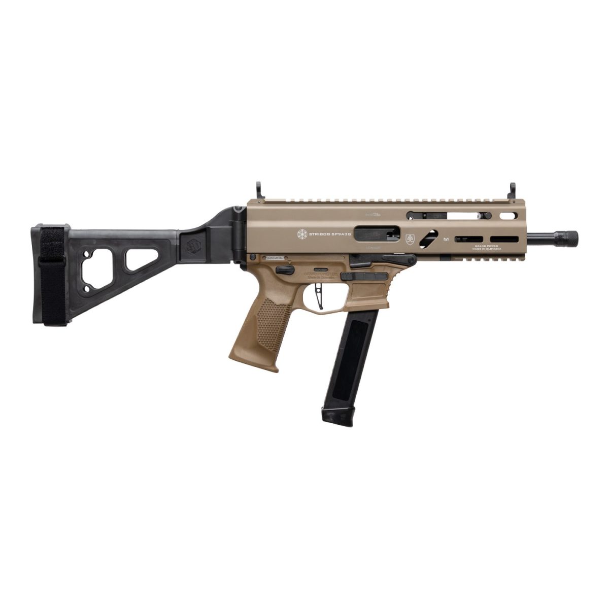 Grand Power Stribog Sp9A3G 9Mm Pistol 8&Quot; Barrel Threaded Rlr Delayed Glock Pattern Mag W/ Brace Fde