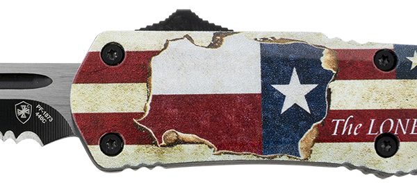 Templar Knife STX531 Gen II Texan Small 2.25" OTF Tanto Part Serrated Black Oxide Stonewashed 440C SS Blade, 4.31" Texas Flag Aluminum Handle, Glass Breaker