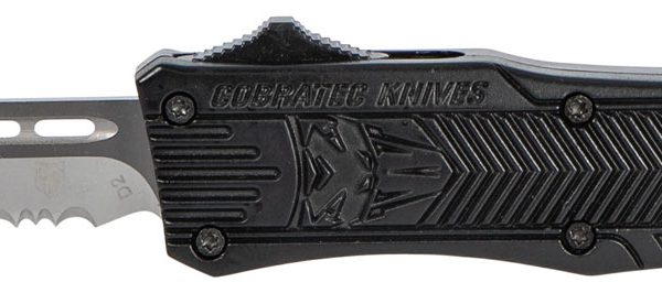 CobraTec Knives SBCTK1SDS CTK-1  Small 2.75" OTF Drop Point Part Serrated D2 Steel Blade/ Black Aluminum Handle Features Glass Breaker Includes Pocket Clip