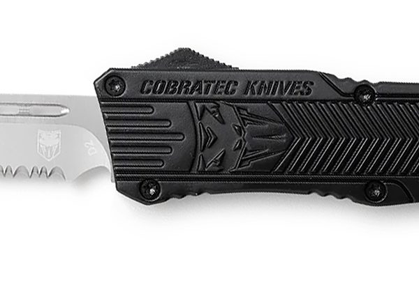 CobraTec Knives LBCTK1LDS CTK-1  Large 3.75" OTF Drop Point Part Serrated D2 Steel Blade/ Black Aluminum Handle Features Glass Breaker Includes Pocket Clip