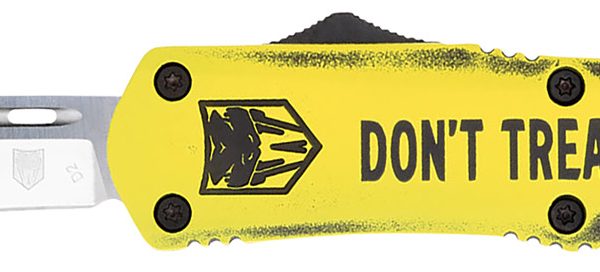 CobraTec Knives MDTOMFS3DNS FS-3 Don't Tread On Me Medium 3" OTF Drop Point Plain D2 Steel Blade Yellow w/"Don't Tread On Me" Aluminum Cerakoted Handle Features Glass Breaker Includes Pocket Clip