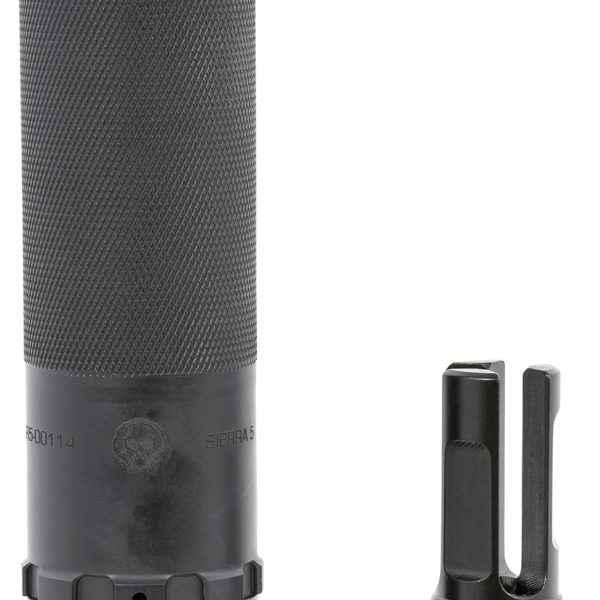 Dead Air SIERRA5KM Sierra-5  5.56mm 1.50"D 1/2"-28 tpi Thread Pattern Made of Stellite Baffles & Stainless Steel Tube with Black Cerakote Finish Includes KeyMo Flash Hider & Mount