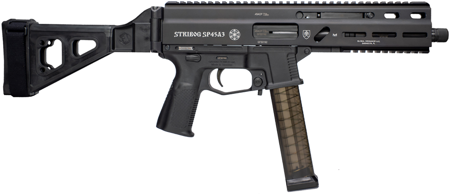 Grand Power 197892004824 SP45A3 Stribog 45 ACP 20+1 8" Black Threaded Barrel, Black Aluminum Picatinny Rail Receiver, Black SB Tactical Brace, Black Polymer Grip, Thread Protector