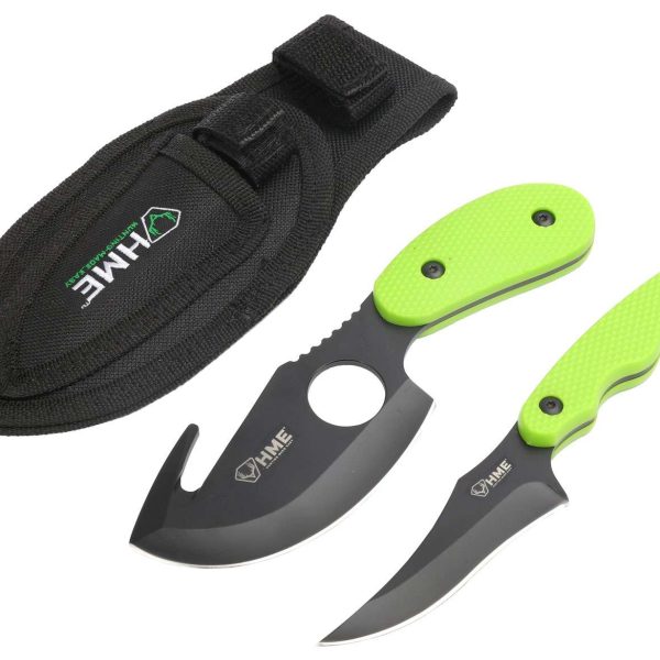 HME HMEKN2PSGC Skinning Kit  3.50" Fixed Skinner w/Gut Hook/Caping Plain/Gut Hook Black Oxide 420HC Blade, TPR Green Handle