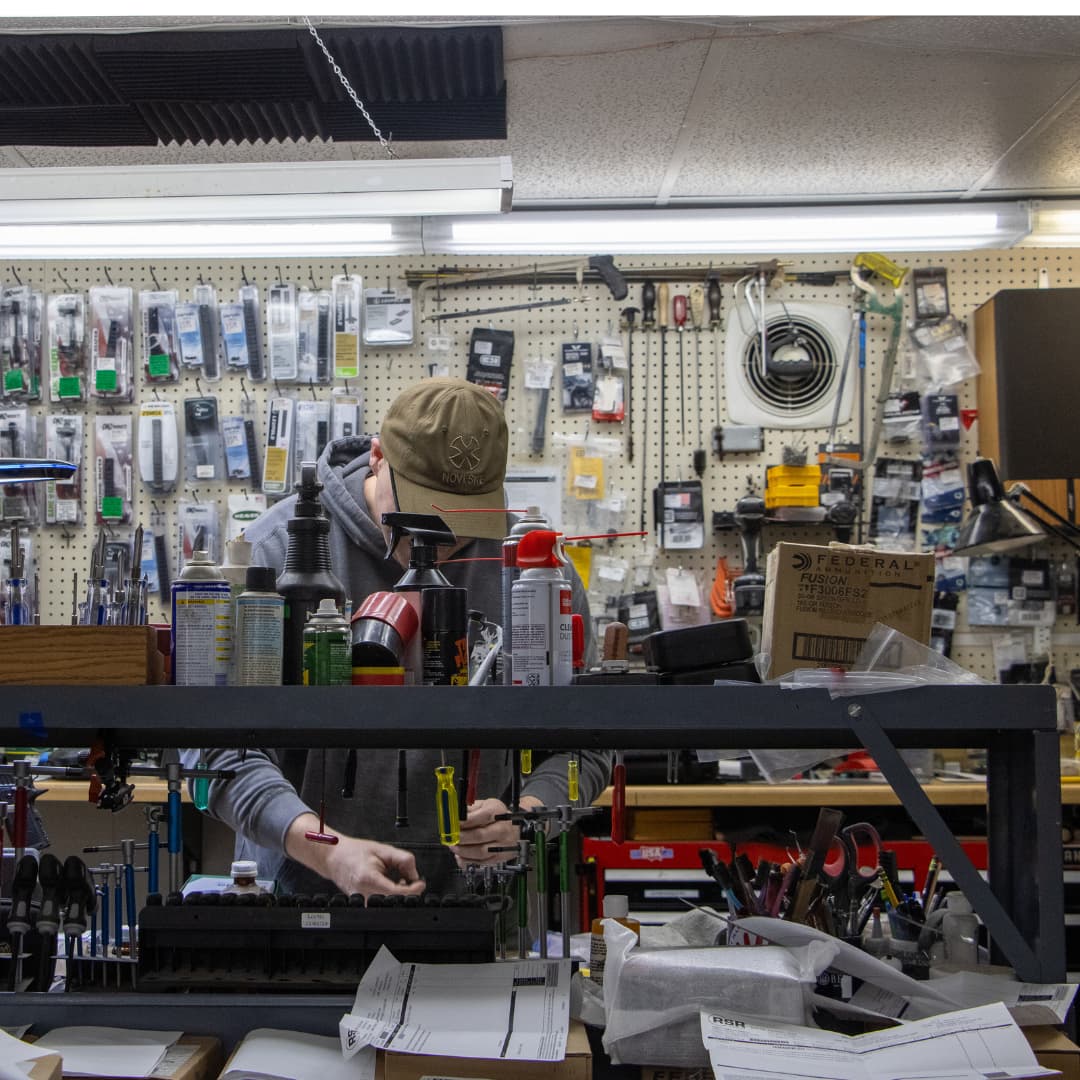 Behind the gunsmith bench at Elk River Guns