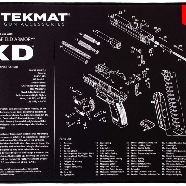 TekMat TEKR20XD Springfield Armory XD Ultra 20 Cleaning Mat Black/White Rubber 15"x20" Springfield Armory XD Parts Diagram