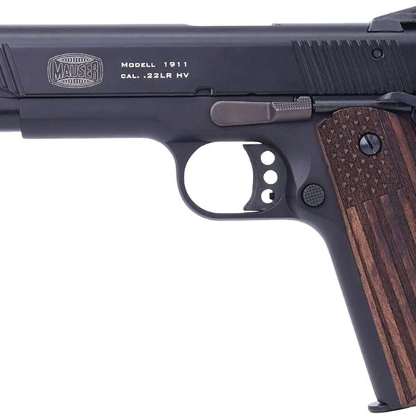 Mauser Rimfire 4110608 1911  22 LR 10+1 5" Black Steel Barrel, Black Serrated Aluminum Slide, Black Aluminum Frame w/Beavertail, Molded Wood Flag Grip, Ambidextrous