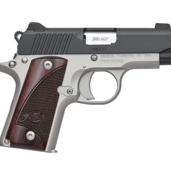 Kimber Mfg.,inc 3300206 Micro Two-Tone NS 380 ACP 7+1 2.75" Matte Black  Stainless Steel Slide Brush Polished Checkered Rosewood Grip