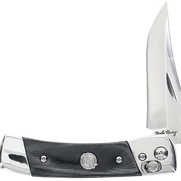 Uncle Henry 1222001 Smokey  2.90" Folding Plain 7Cr17MoV SS Blade, Black/SS Wood Laminate Handle