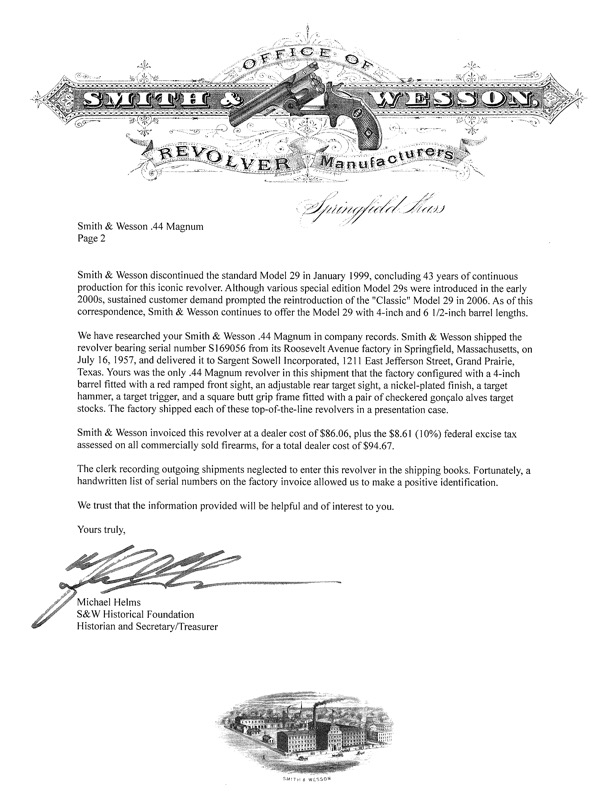 S&W Historical Foundation factory letter for S169056