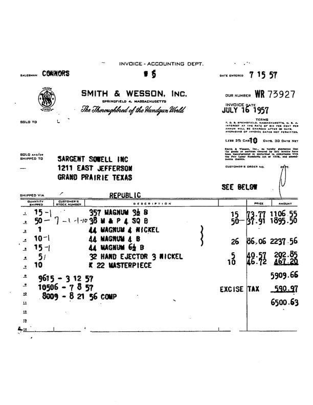 Original Smith & Wesson factory invoice WR 73927