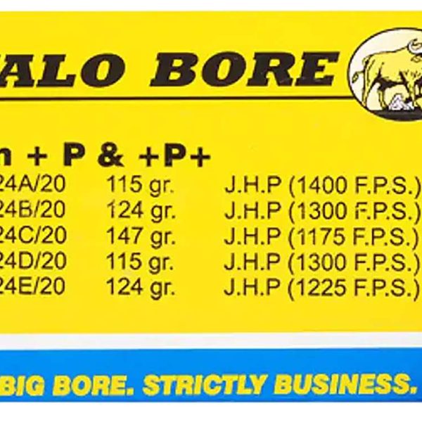 Buffalo Bore Ammunition 24A20 Personal Defense Strictly Business 9mmLuger +P+ 115gr Jacket Hollow Point 20 Per Box/12 Case