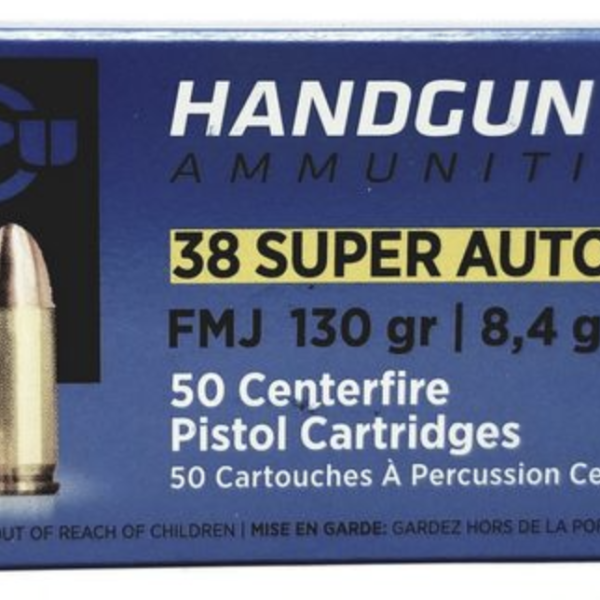 PPU .38 SUPER AUTO FMJ 130GR+P 50RD BOX 10 BOXES PER CASE
