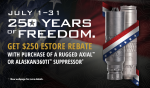 Rugged Suppressors USA-250 $250 rebate — July 2026 promo (Axial & Alaskan360Ti)